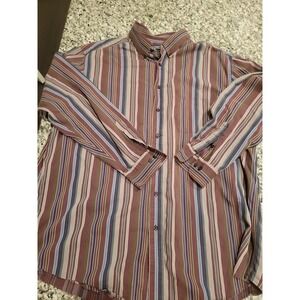 Roundtree & Yorke Mens 2XT Striped Button Down Shirt Burgundy Blue Long Sleeve